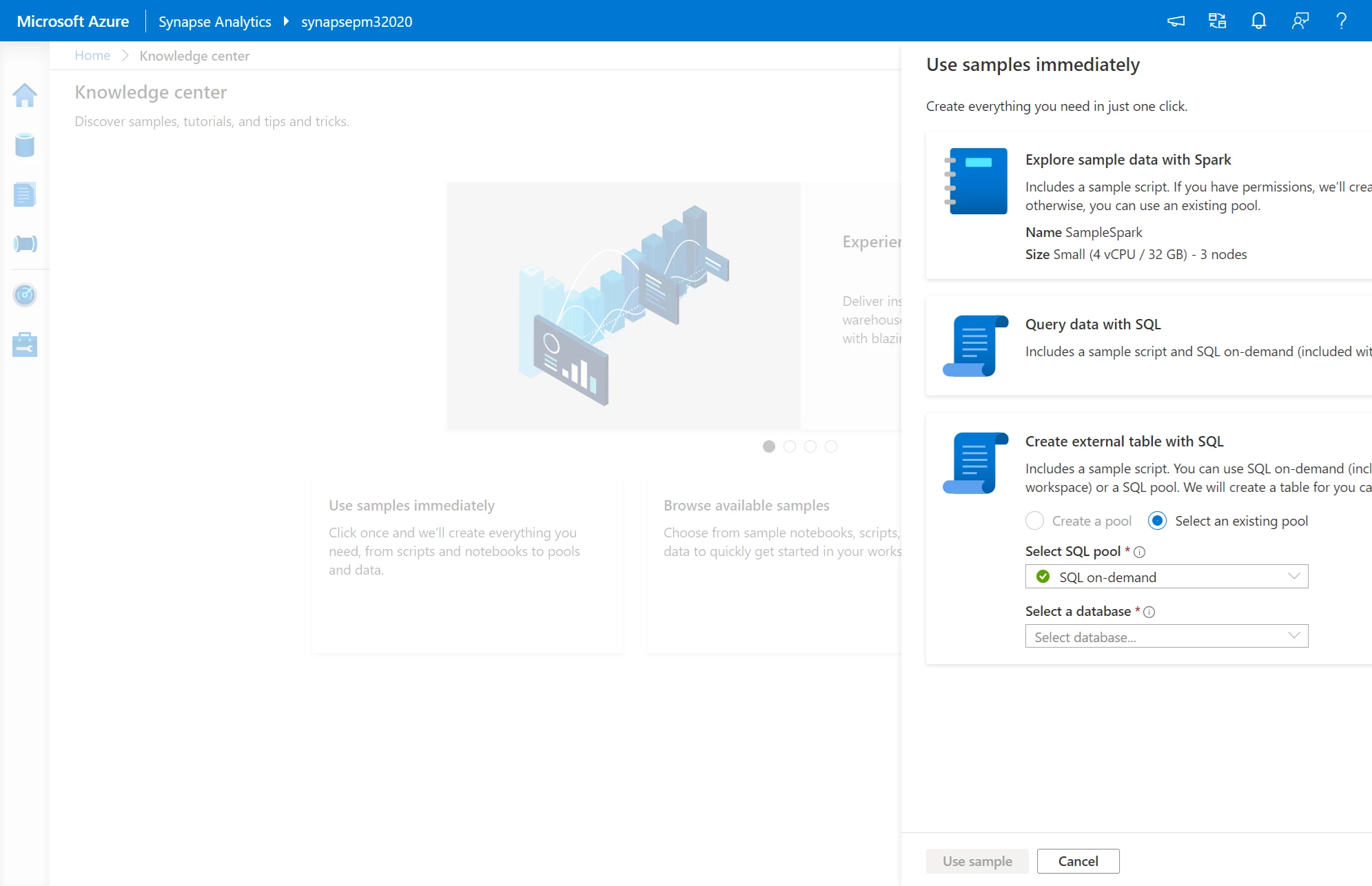 â€œUse samples immediatelyâ€ card inside the Knowledge center to showcase the 3 tutorials available â€“ â€œExplore sample data with Spark,â€ â€œQuery data with SQL,â€ â€œCreate external table with SQLâ€