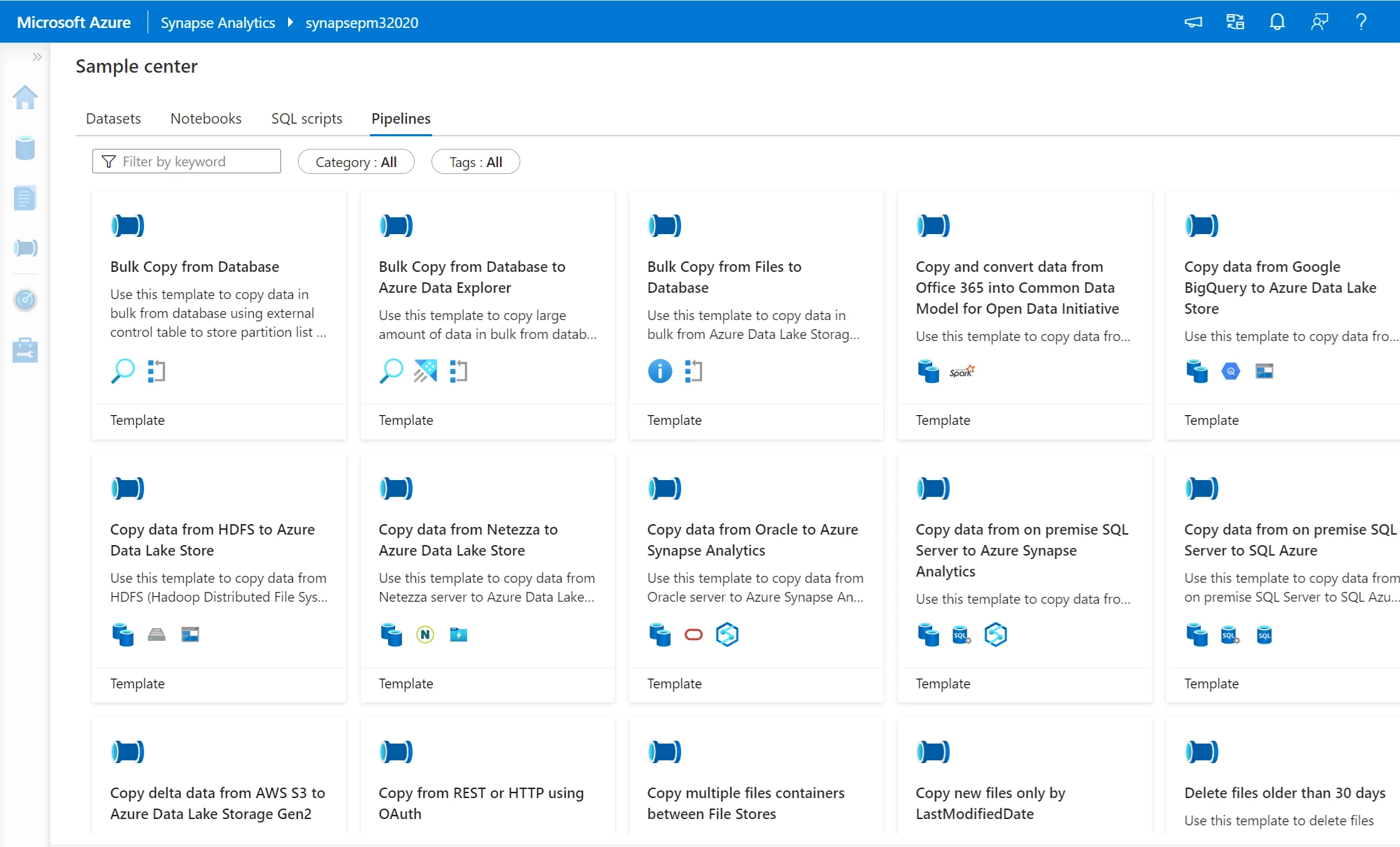 Sample Center showing the options available under the Pipelines tab.