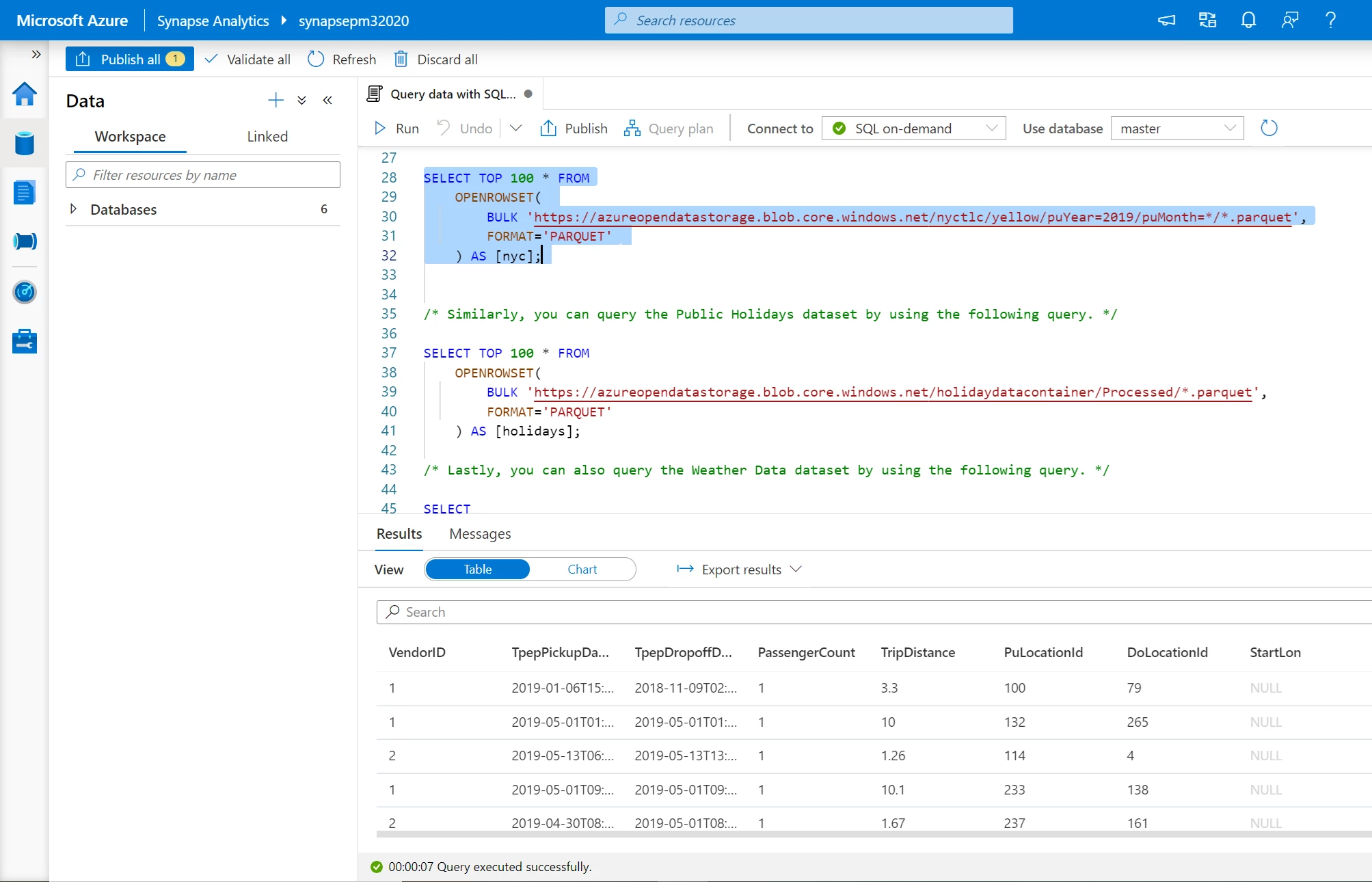 â€œQuery data with SQLâ€ tutorial showcasing how to visualize results using a serverless SQL pool.