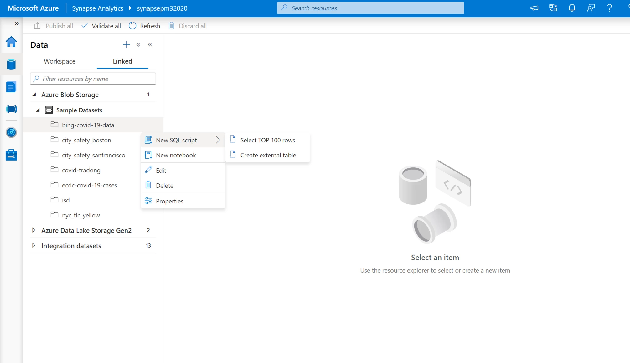 Sample datasets are loaded into the Data hub of the Azure Synapse Studio under the linked tab and then Azure Blob Storage.