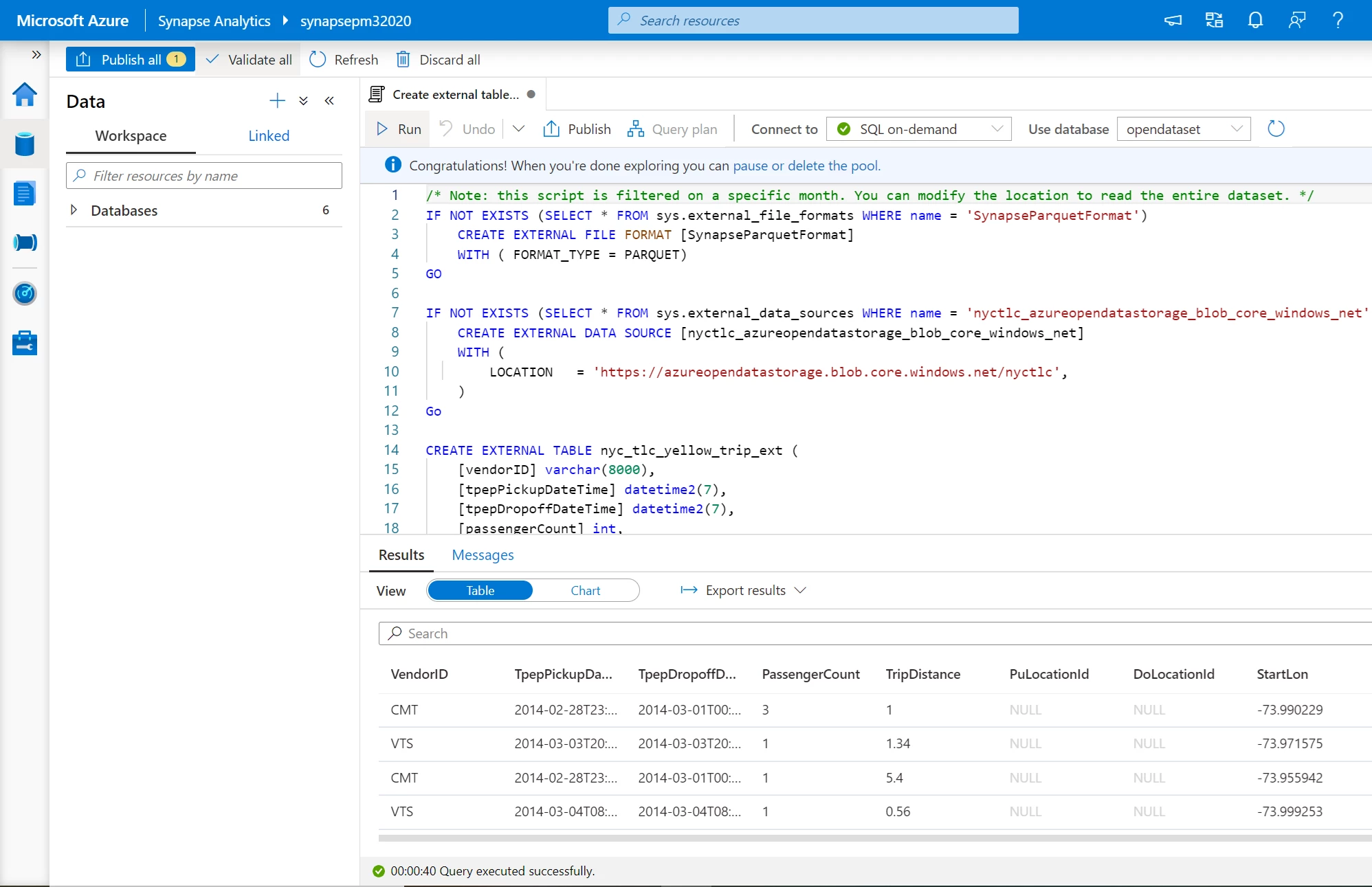 : â€œCreate external table with SQLâ€ tutorial showcasing how to visualize results in table format.