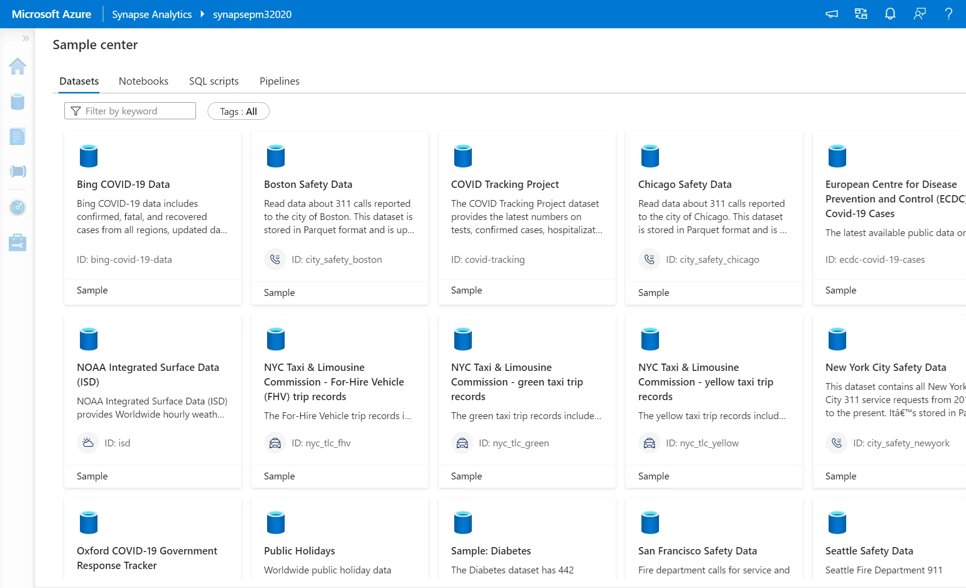 Sample Center showing tabs to access samples for datasets, notebooks, SQL scripts, and pipelines.